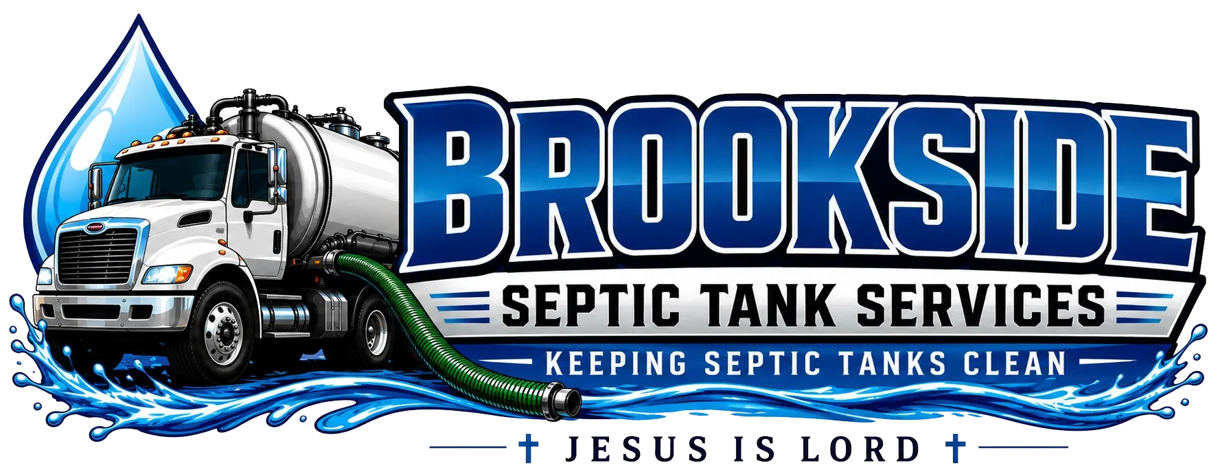 Brookside Septic Tank Services logo with a white septic pump truck, green hose, water drop and the tagline Keeping Septic