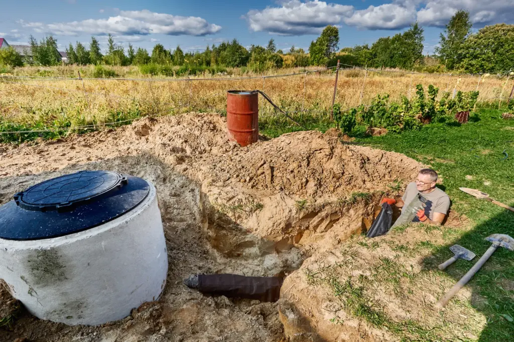Worker in a dirt trench beside a concrete septic tank with black lid, red barrel and shovels on site.