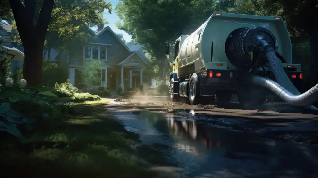 Septic pump truck parked on a wet residential driveway with a large hose extended, two-story house and trees behind