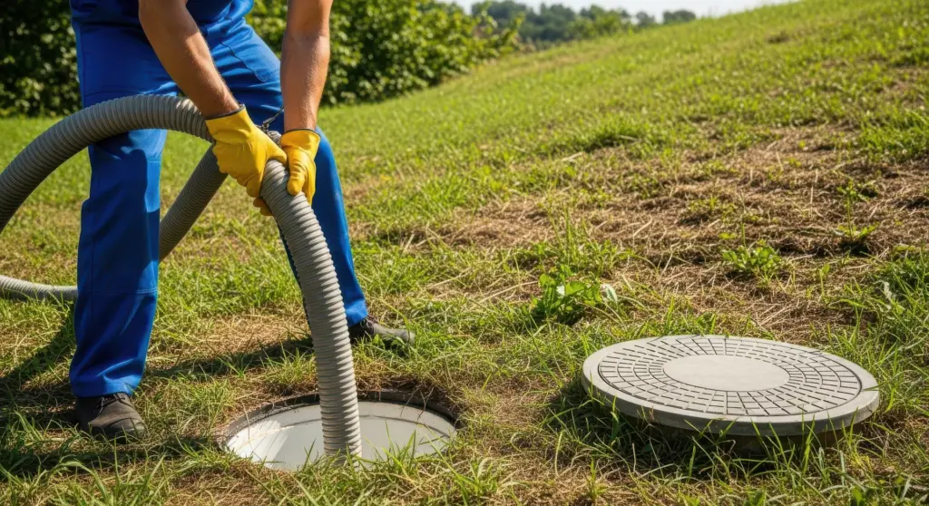 Worker in blue coveralls and yellow gloves guides a gray pumping hose into an open septic tank riser in a grassy yard.